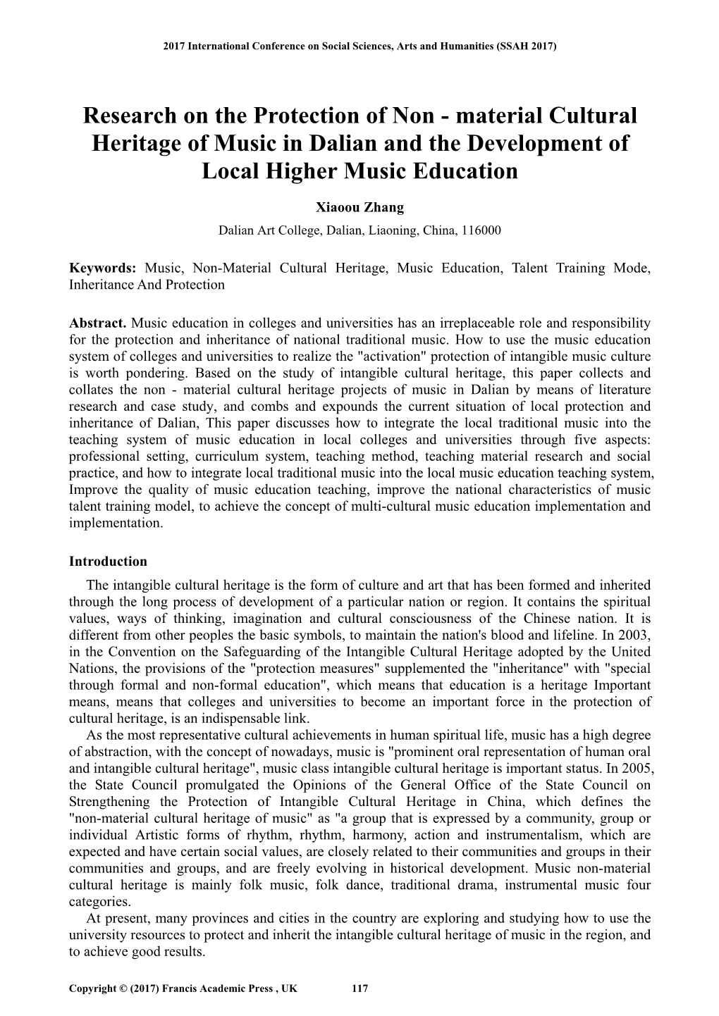 Material Cultural Heritage of Music in Dalian and the Development of Local Higher Music Education