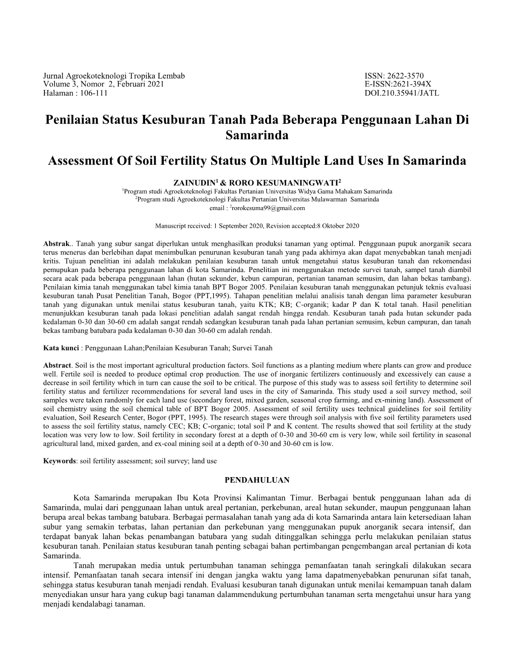 Penilaian Status Kesuburan Tanah Pada Beberapa Penggunaan Lahan Di Samarinda Assessment of Soil Fertility Status on Multiple Land Uses in Samarinda