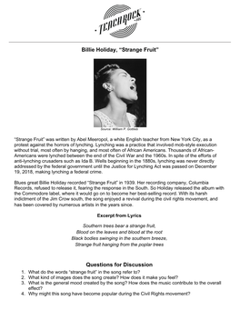 Billie Holiday, “Strange Fruit” Questions for Discussion