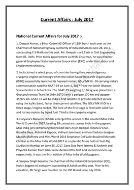 Current Affairs : July 2017