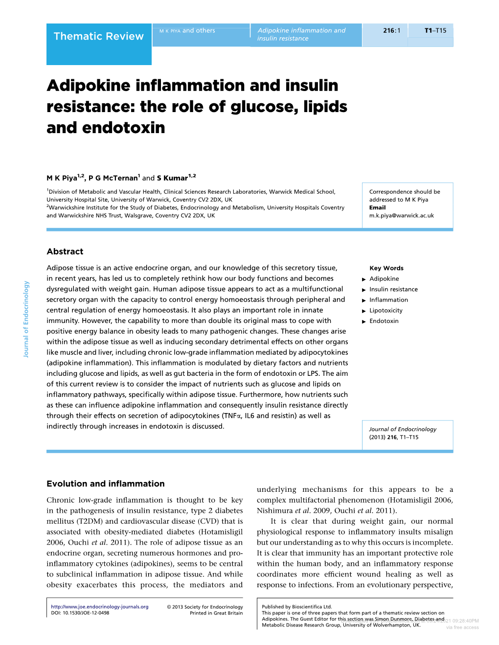 Adipokine Inflammation and Insulin Resistance
