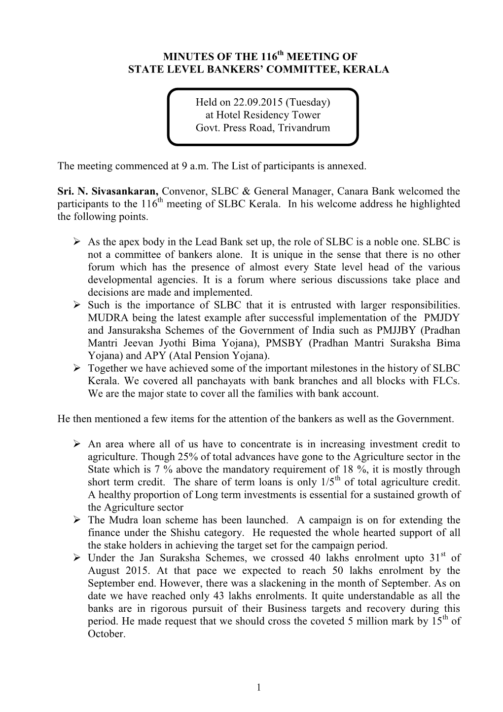 MINUTES of the 116Th MEETING of STATE LEVEL BANKERS’ COMMITTEE, KERALA