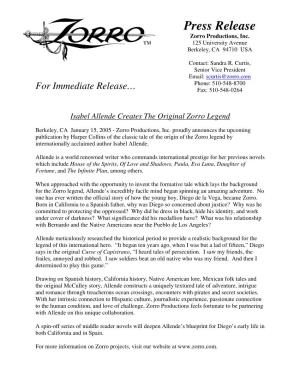 Press Release Zorro Productions, Inc