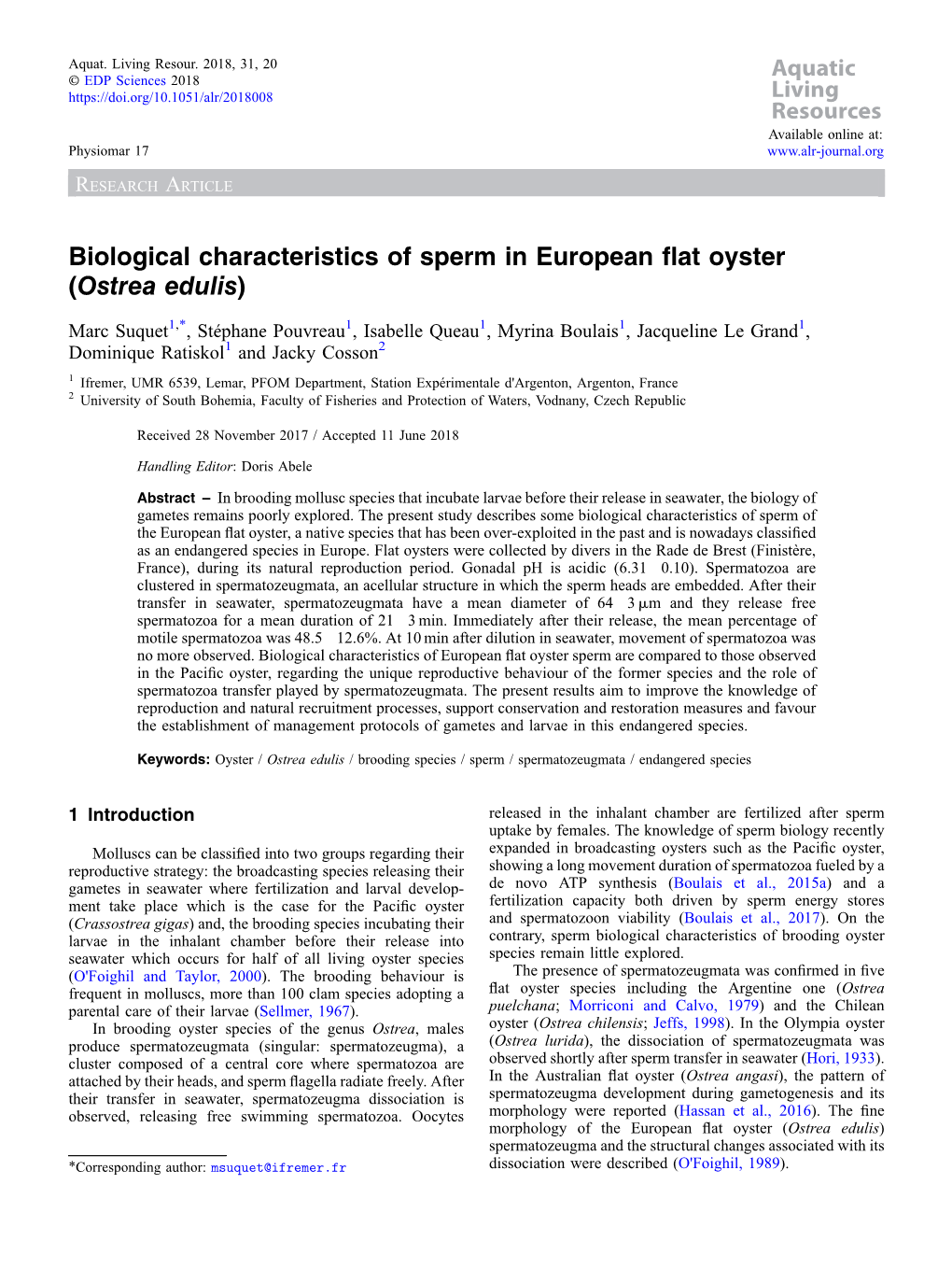 Biological Characteristics of Sperm in European Flat Oyster