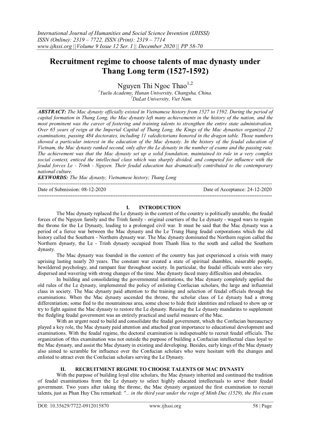 Recruitment Regime to Choose Talents of Mac Dynasty Under Thang Long Term (1527-1592)