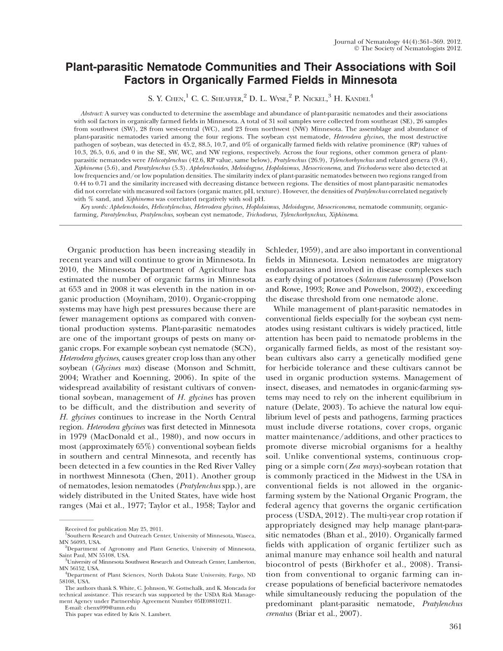 Plant-Parasitic Nematode Communities and Their Associations with Soil Factors in Organically Farmed Fields in Minnesota