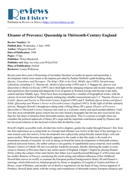 Eleanor of Provence: Queenship in Thirteenth-Century England