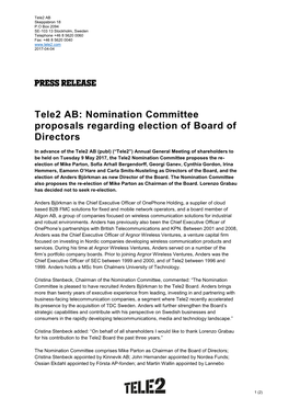 Nomination Committee Proposals Regarding Election of Board of Directors