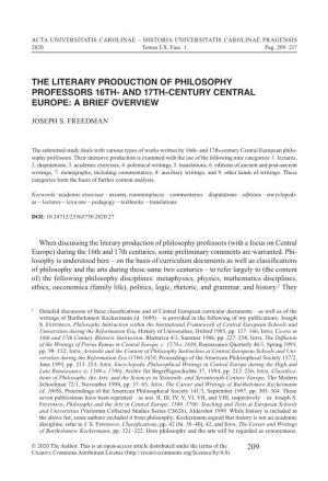 The Literary Production of Philosophy Professors 16Th- and 17Th-Century Central Europe: a Brief Overview