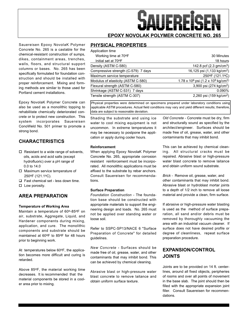 Epoxy Novolak Polymer Concrete No. 265 Physical Properties Characteristics Area Preparation Expansion/Control Joints