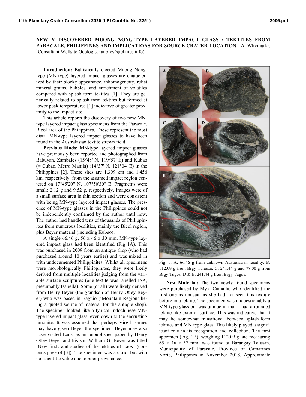 Newly Discovered Muong Nong-Type Layered Impact Glass / Tektites from Paracale, Philippines and Implications for Source Crater Location