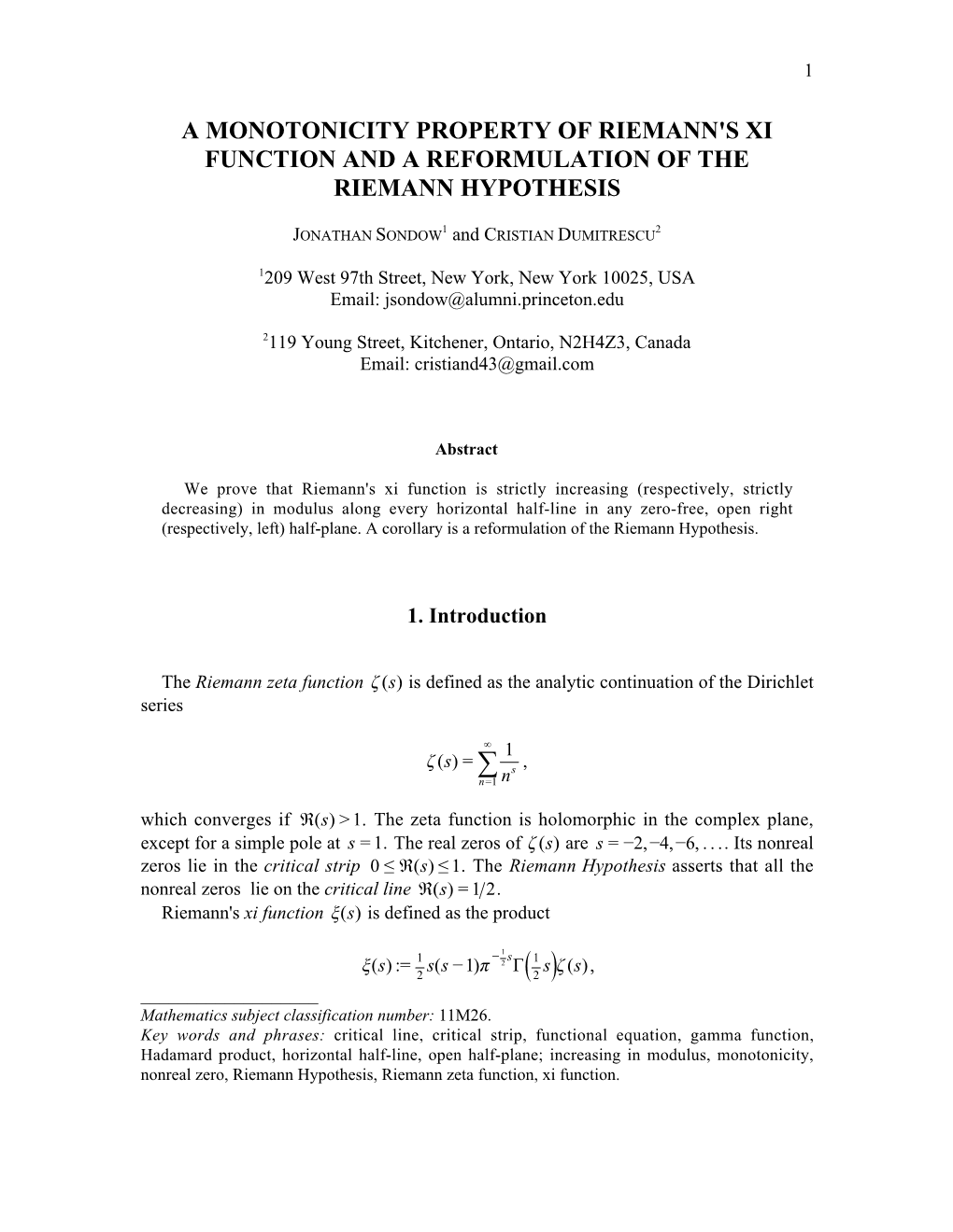 A Monotonicity Property of Riemann's Xi Function and a Reformulation of the Riemann Hypothesis