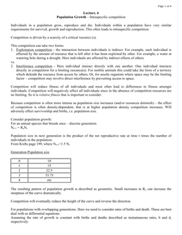 Lecture. 6 Population Growth – Intraspecific Competition Individuals