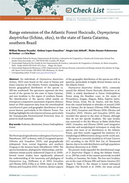 Range Extension of the Atlantic Forest Hocicudo, Oxymycterus Dasytrichus (Schinz, 1821), to the State of Santa Catarina, Southern Brazil