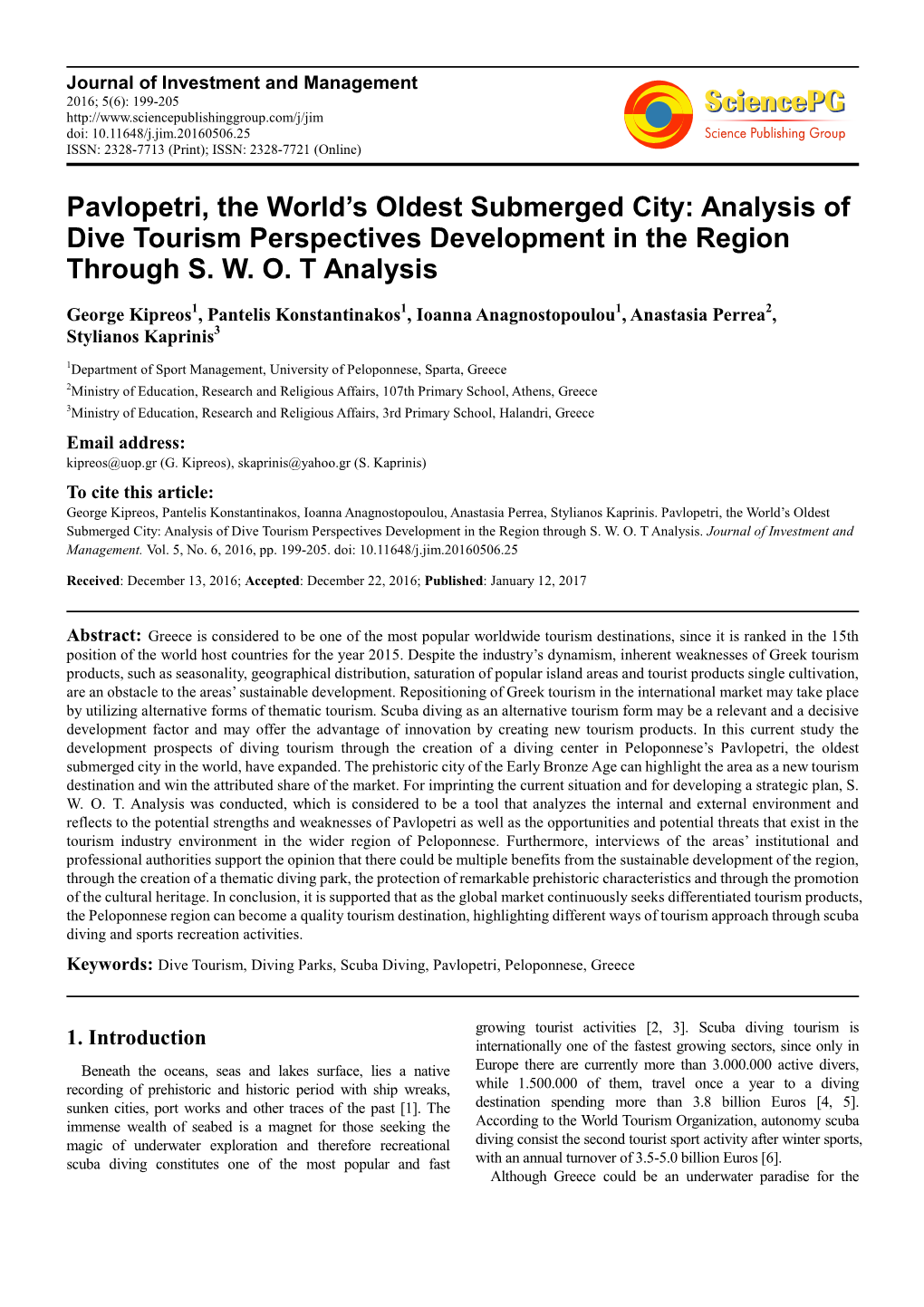 Pavlopetri, the World's Oldest Submerged City: Analysis of Dive Tourism Perspectives Development in the Region Through S. W. O