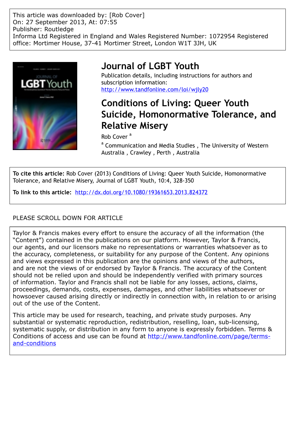 Journal of LGBT Youth Conditions of Living: Queer Youth Suicide