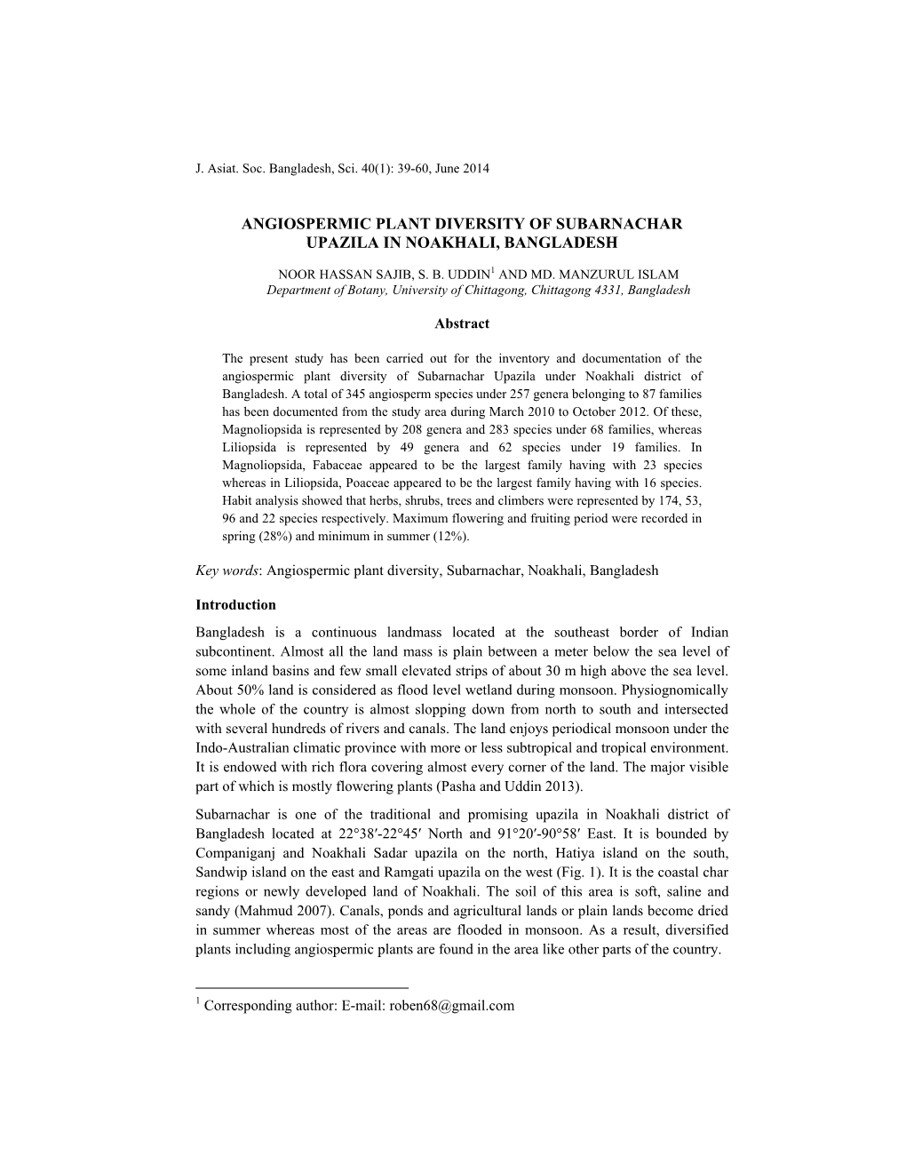 Angiospermic Plant Diversity of Subarnachar Upazila in Noakhali, Bangladesh