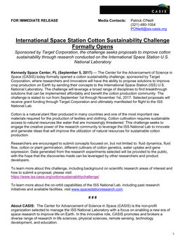 International Space Station Cotton Sustainability Challenge Formally