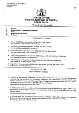 SENATE of the FEDERAL REPUBLIC of NIGERIA ORDER PAPER Wednesday,Llth March, 2020