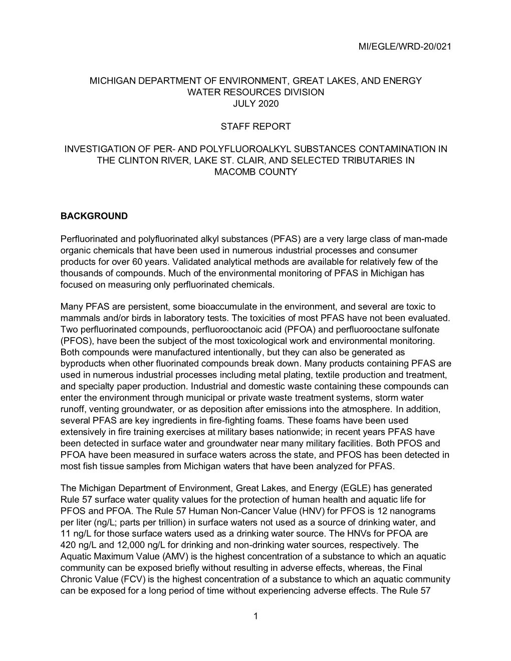 Investigation of PFAS in the Clinton River, Lake St. Clair, and Selected