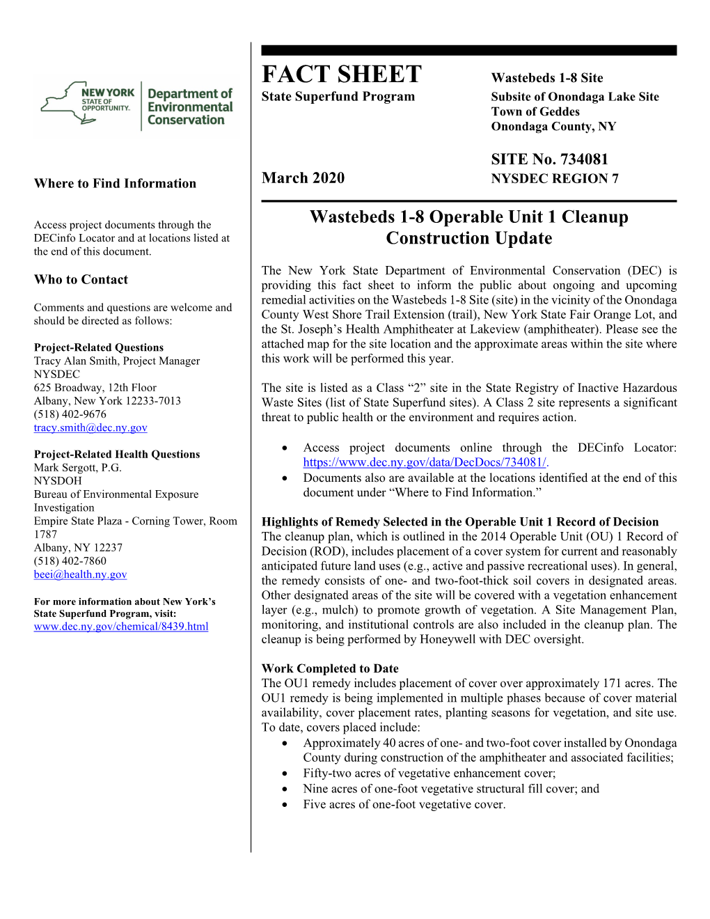 Wastebeds 1-8 Site State Superfund Program Subsite of Onondaga Lake Site Town of Geddes Onondaga County, NY