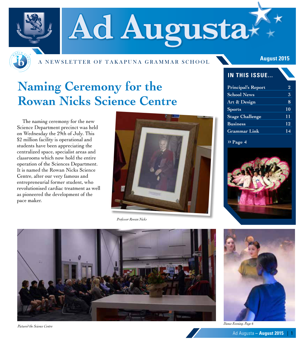 Ad Augusta August 2015 a NEWSLETTER of TAKAPUNA GRAMMAR SCHOOL