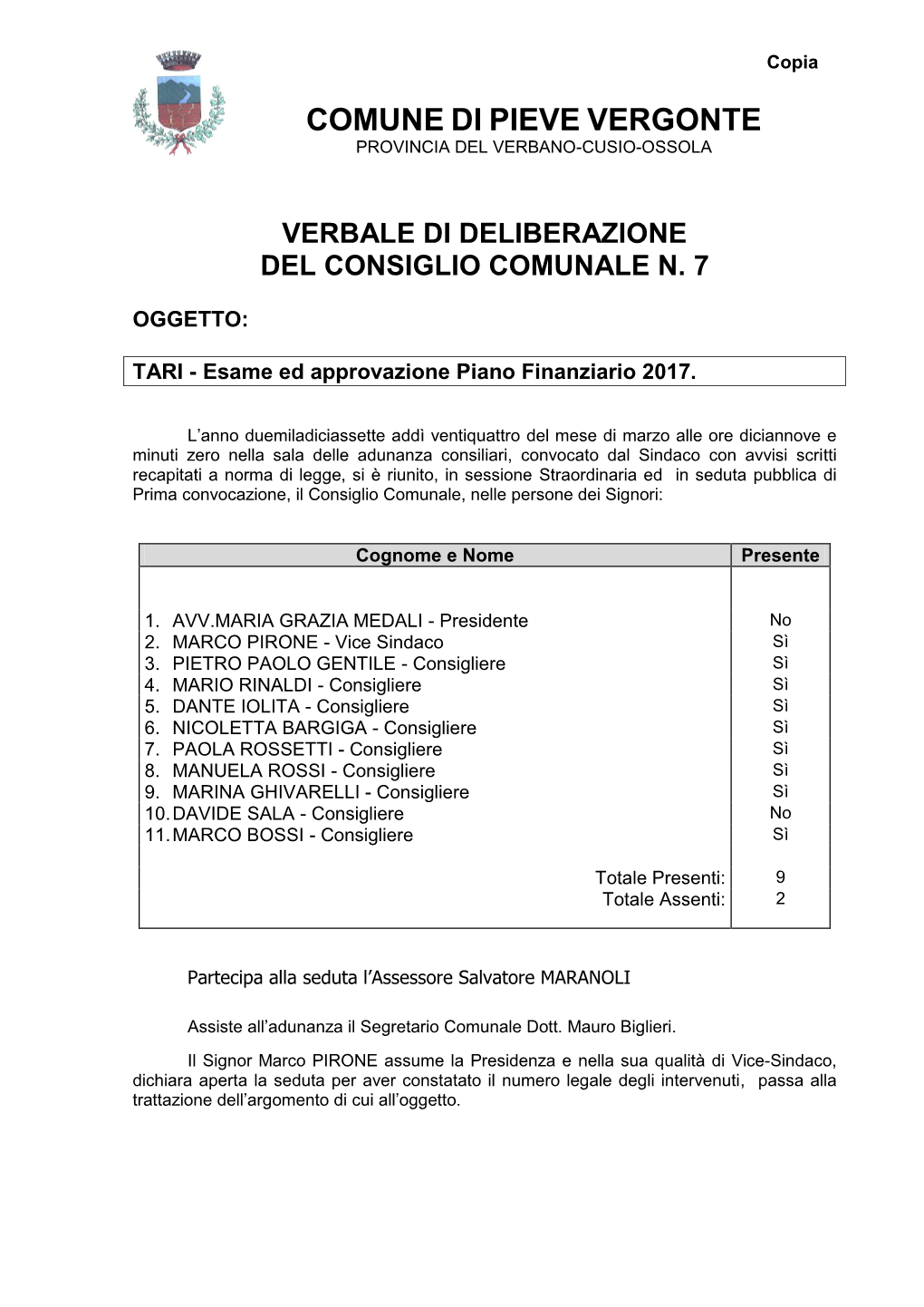 Comune Di Pieve Vergonte Provincia Del Verbano-Cusio-Ossola