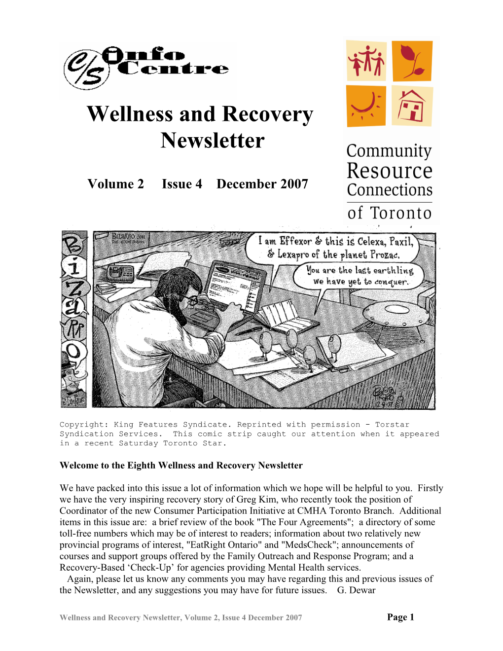 Wellness and Recovery Newsletter Vol 1 Issue 1