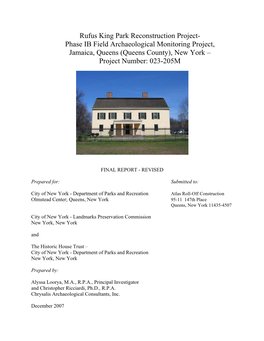 Rufus King Park Reconstruction Project- Phase IB Field Archaeological Monitoring Project, Jamaica, Queens (Queens County), New York – Project Number: 023-205M