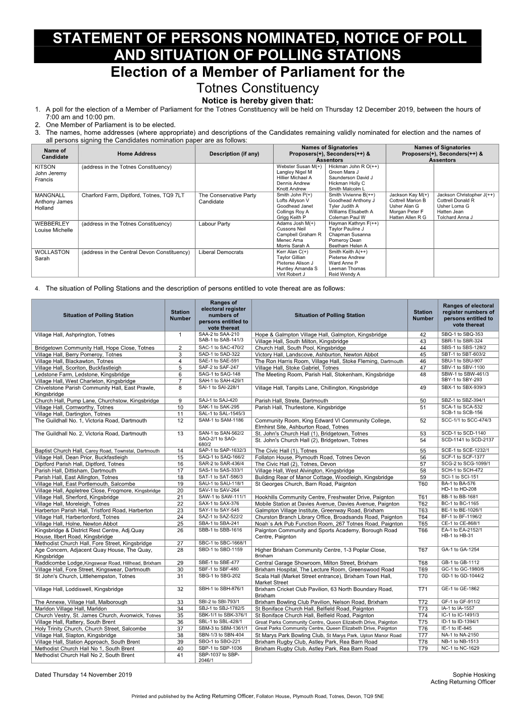 Statement of Persons Nominated, Notice of Poll and Situation Of