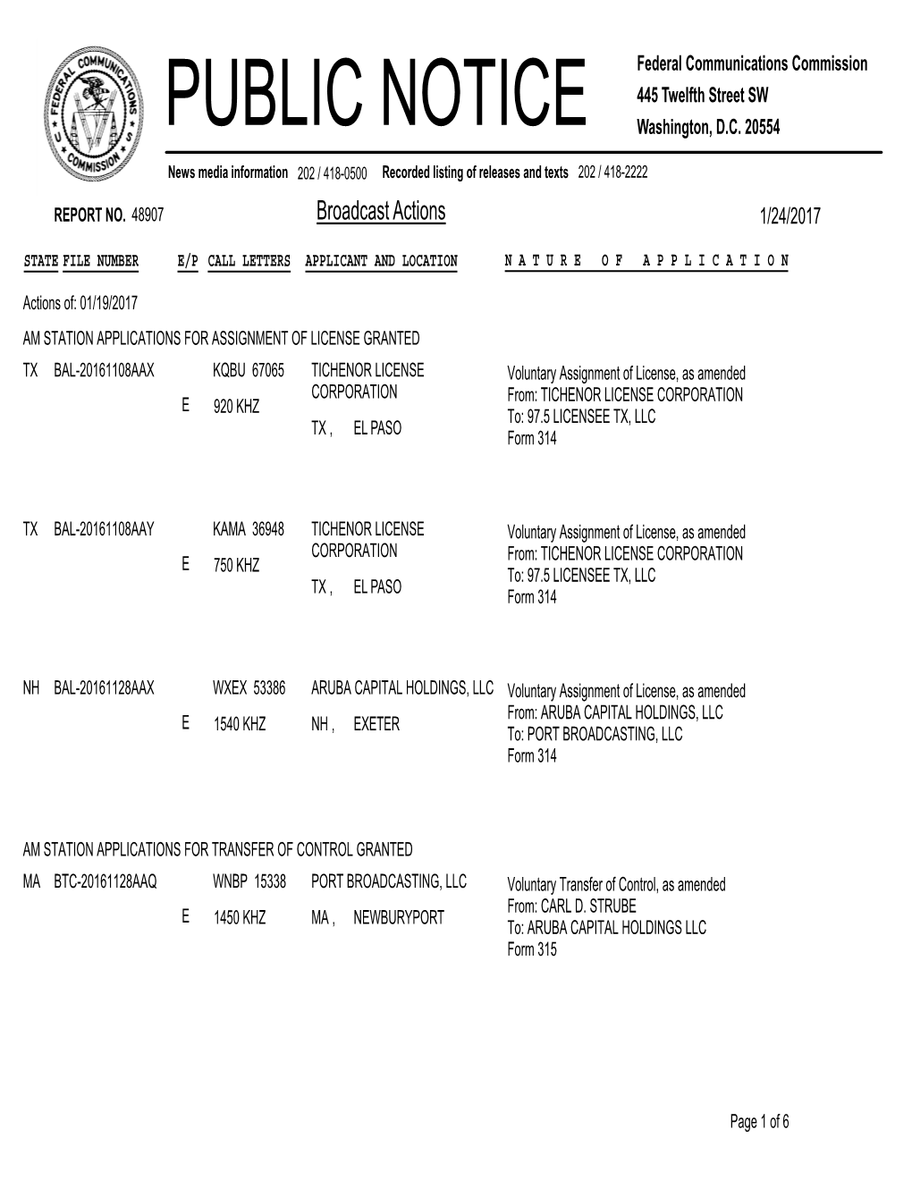 Broadcast Actions 1/24/2017