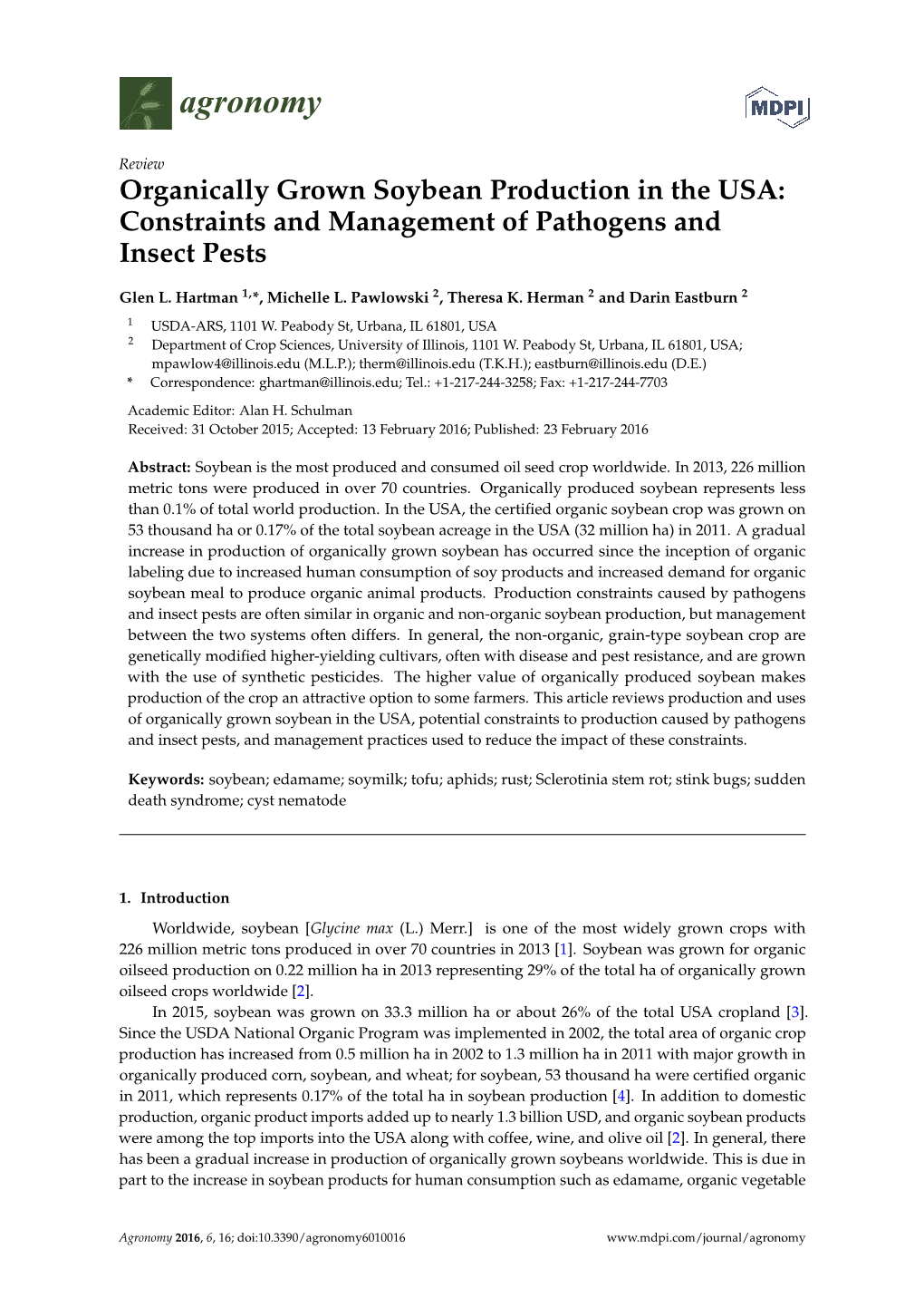 Organically Grown Soybean Production in the USA: Constraints and Management of Pathogens and Insect Pests