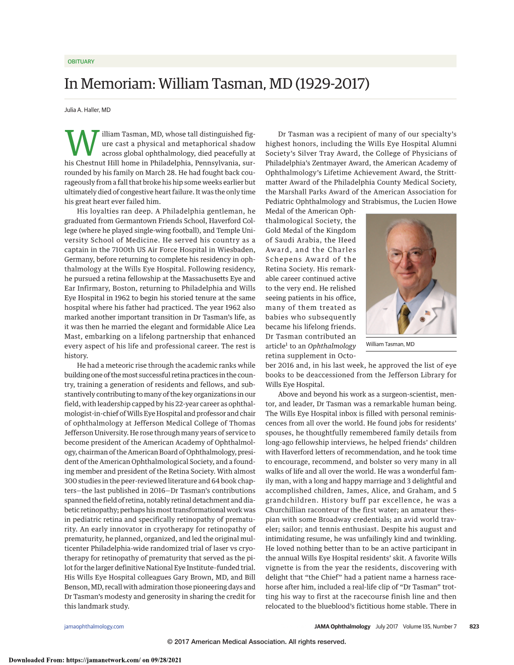 In Memoriam: William Tasman, MD (1929-2017)