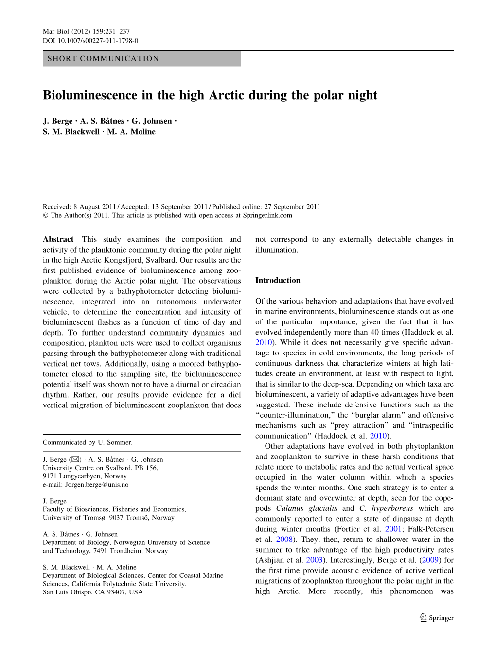 Bioluminescence in the High Arctic During the Polar Night