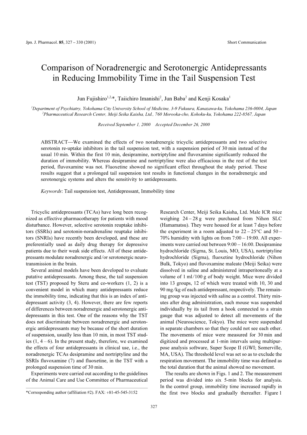 Comparison of Noradrenergic and Serotonergic Antidepressants in Reducing Immobility Time in the Tail Suspension Test