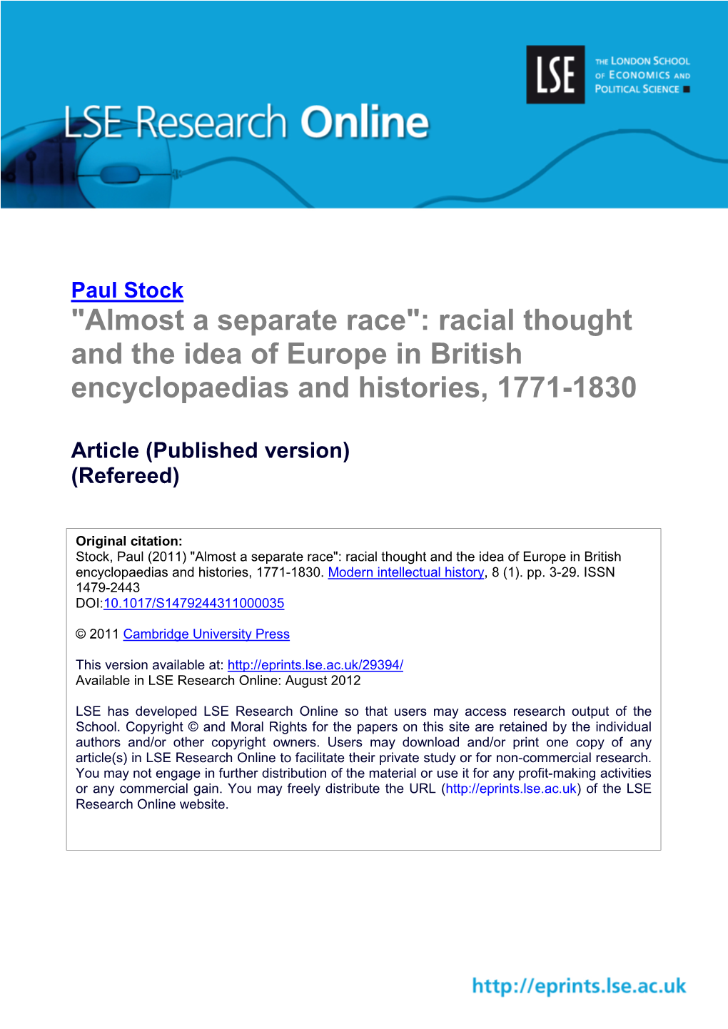 "Almost a Separate Race": Racial Thought and the Idea of Europe in British Encyclopaedias and Histories, 1771-1830