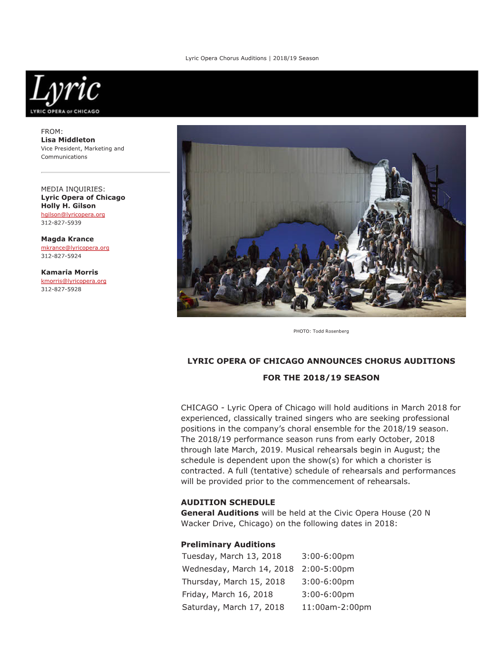 Lyric Opera of Chicago Will Hold Auditions In