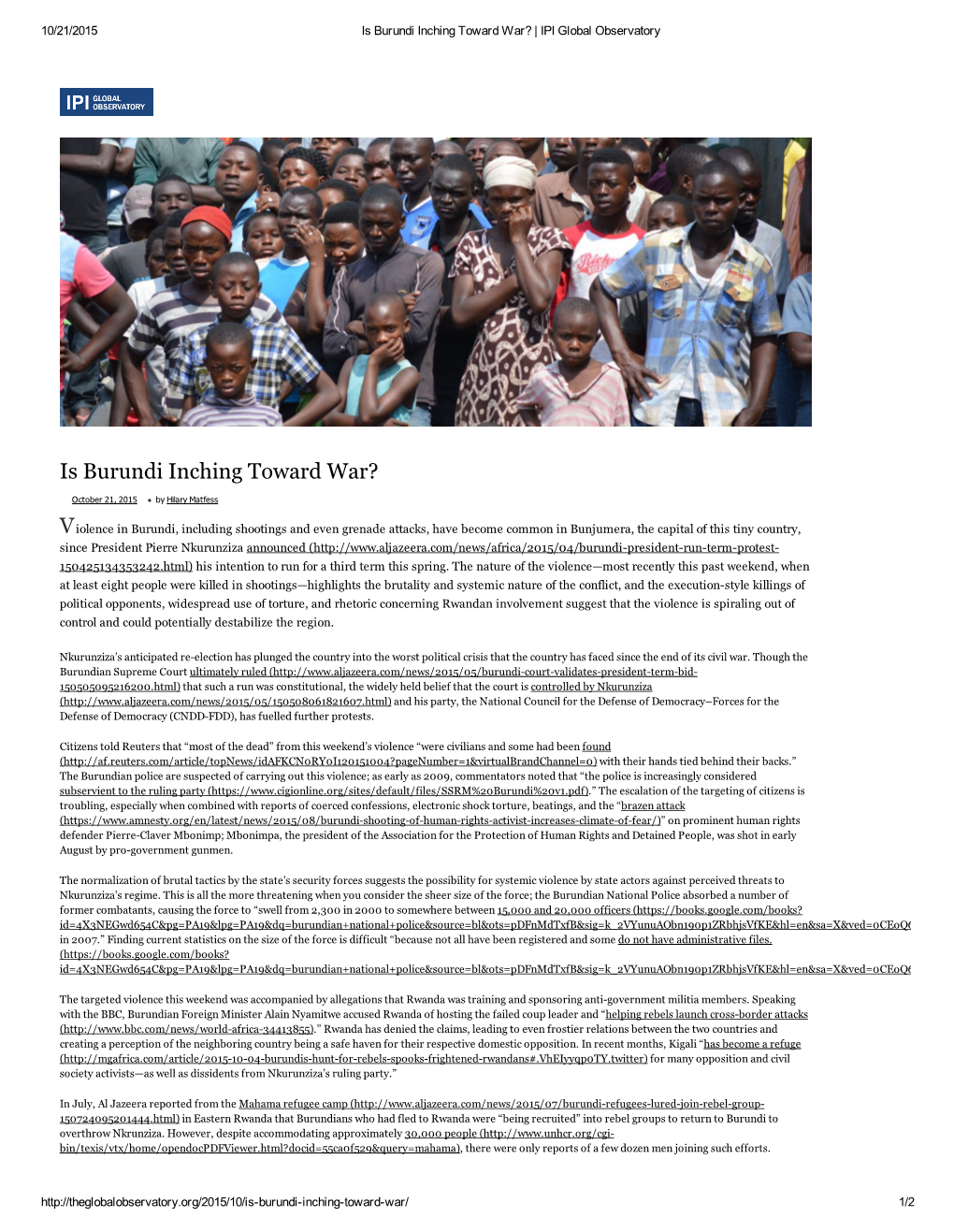 Is Burundi Inching Toward War? | IPI Global Observatory