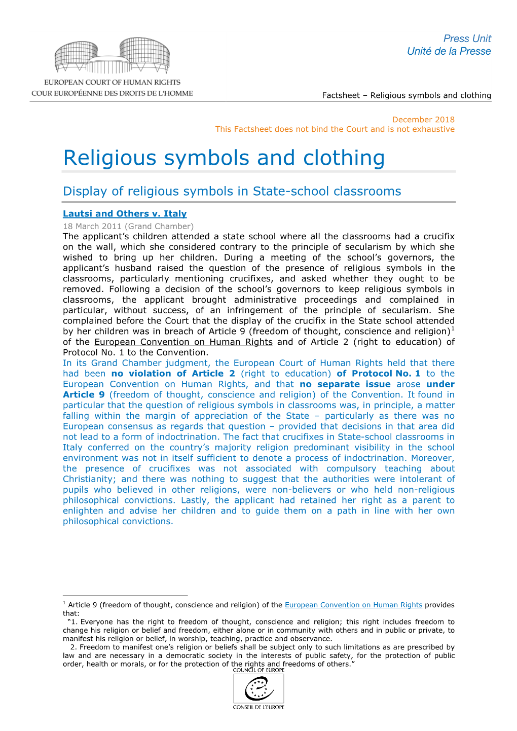 Factsheet – Religious Symbols and Clothing