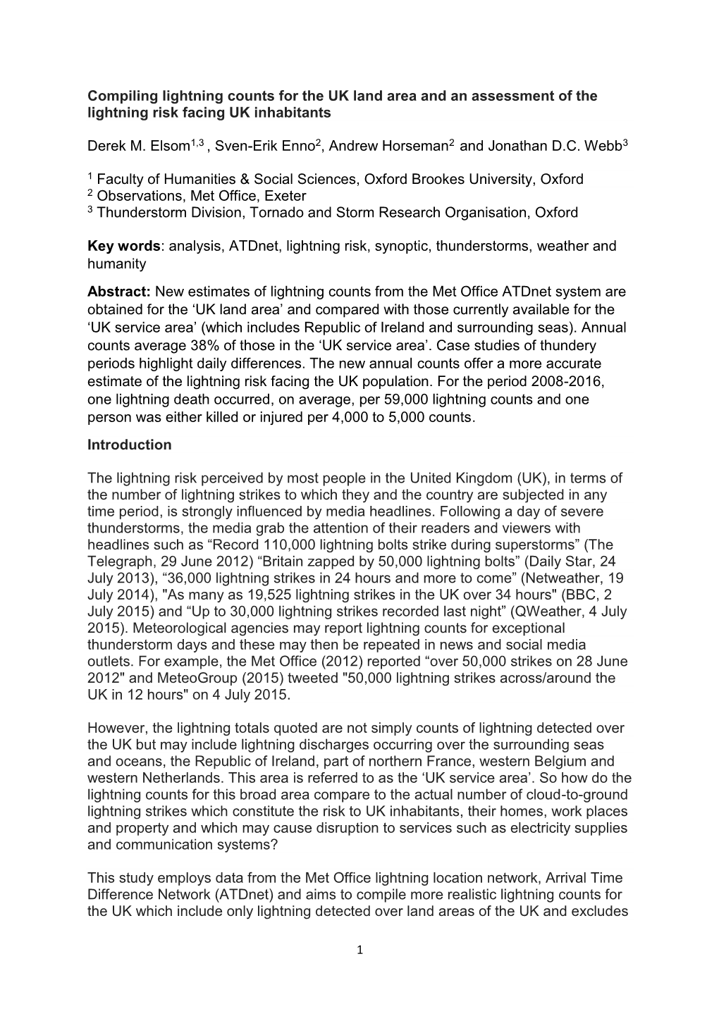 Compiling Lightning Counts for the UK Land Area and an Assessment of the Lightning Risk Facing UK Inhabitants