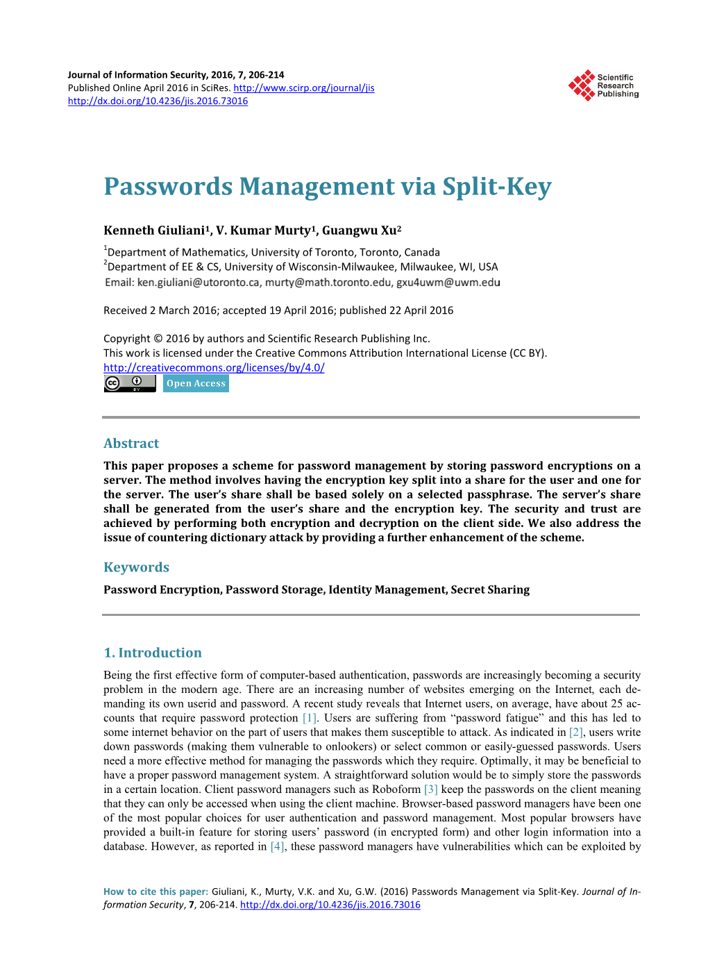 Passwords Management Via Split-Key