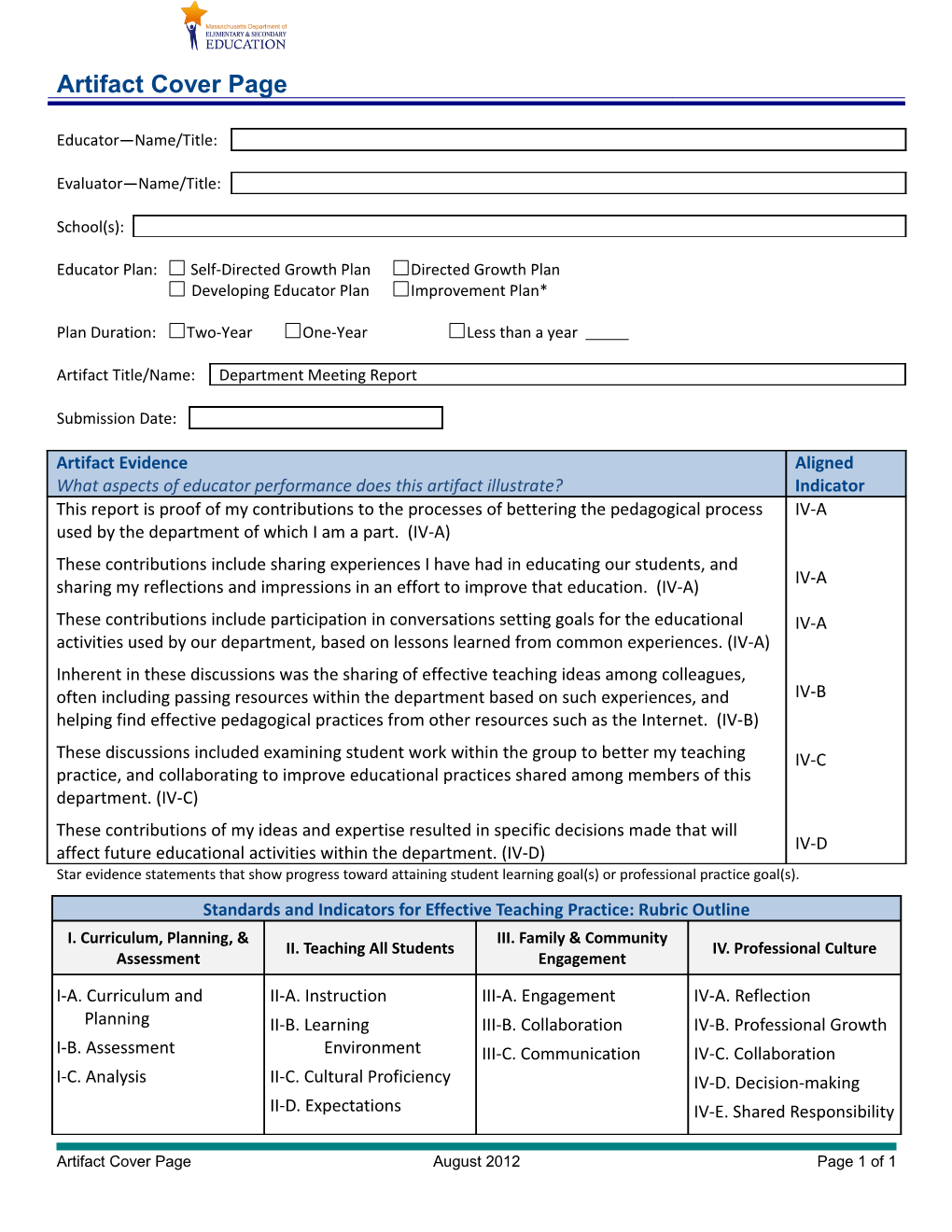 ESE Ed Eval Artifact Cover Page