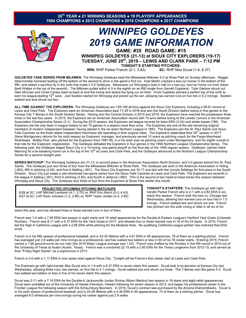 Winnipeg Goldeyes 2019 Game Information