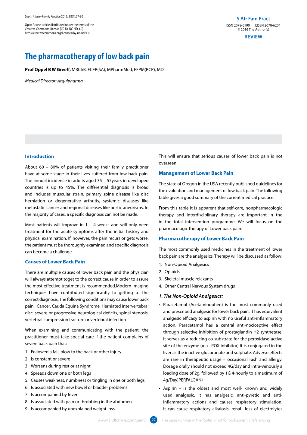 The Pharmacotherapy of Low Back Pain