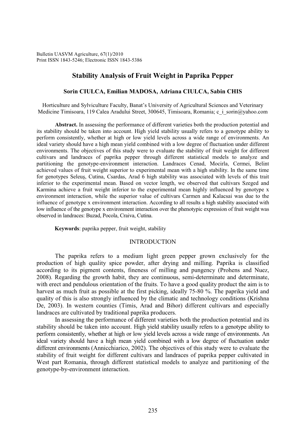 Stability Analysis of Fruit Weight in Paprika Pepper