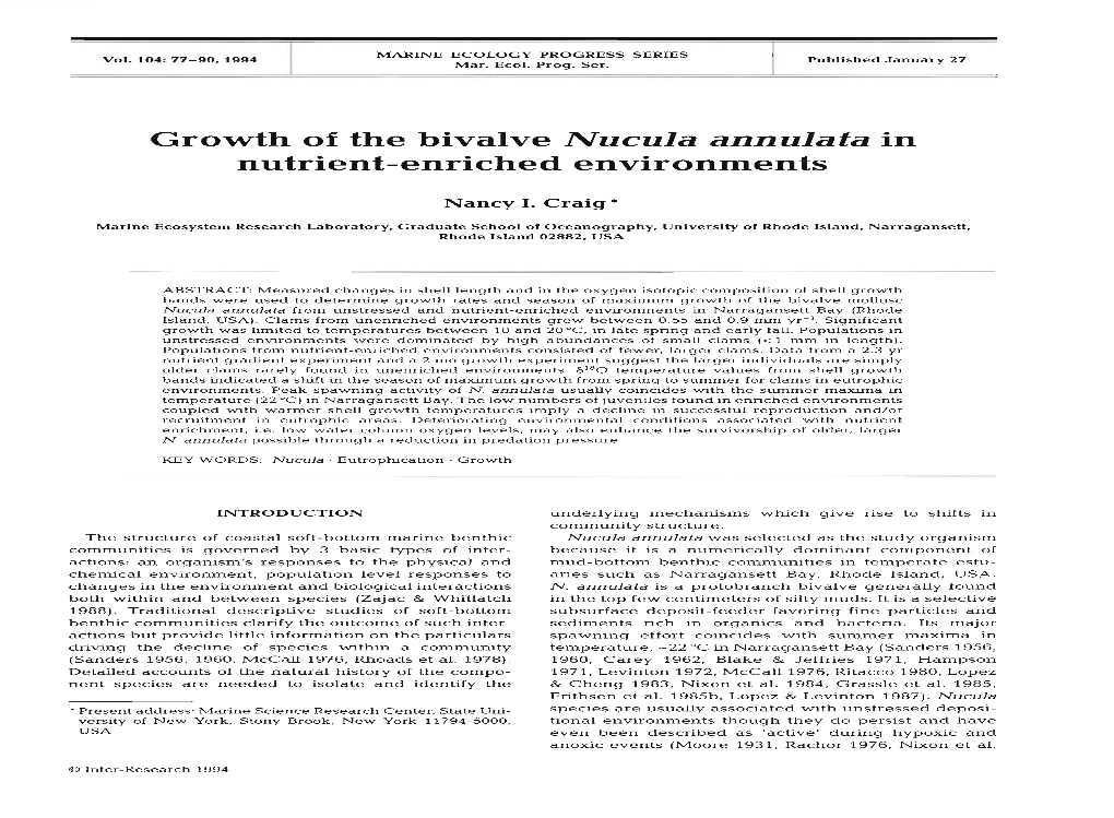 Growth of the Bivalve Nucula Annulata in Nutrient-Enriched Environments