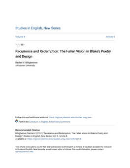 Recurrence and Redemption: the Fallen Vision in Blakeâ•Žs Poetry