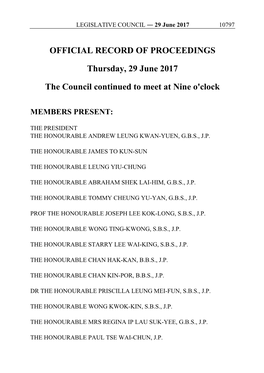 OFFICIAL RECORD of PROCEEDINGS Thursday, 29 June