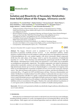 Isolation and Bioactivity of Secondary Metabolites from Solid Culture of the Fungus, Alternaria Sonchi