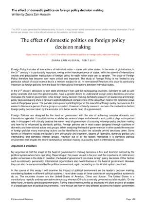 The Effect of Domestic Politics on Foreign Policy Decision Making Written by Zaara Zain Hussain